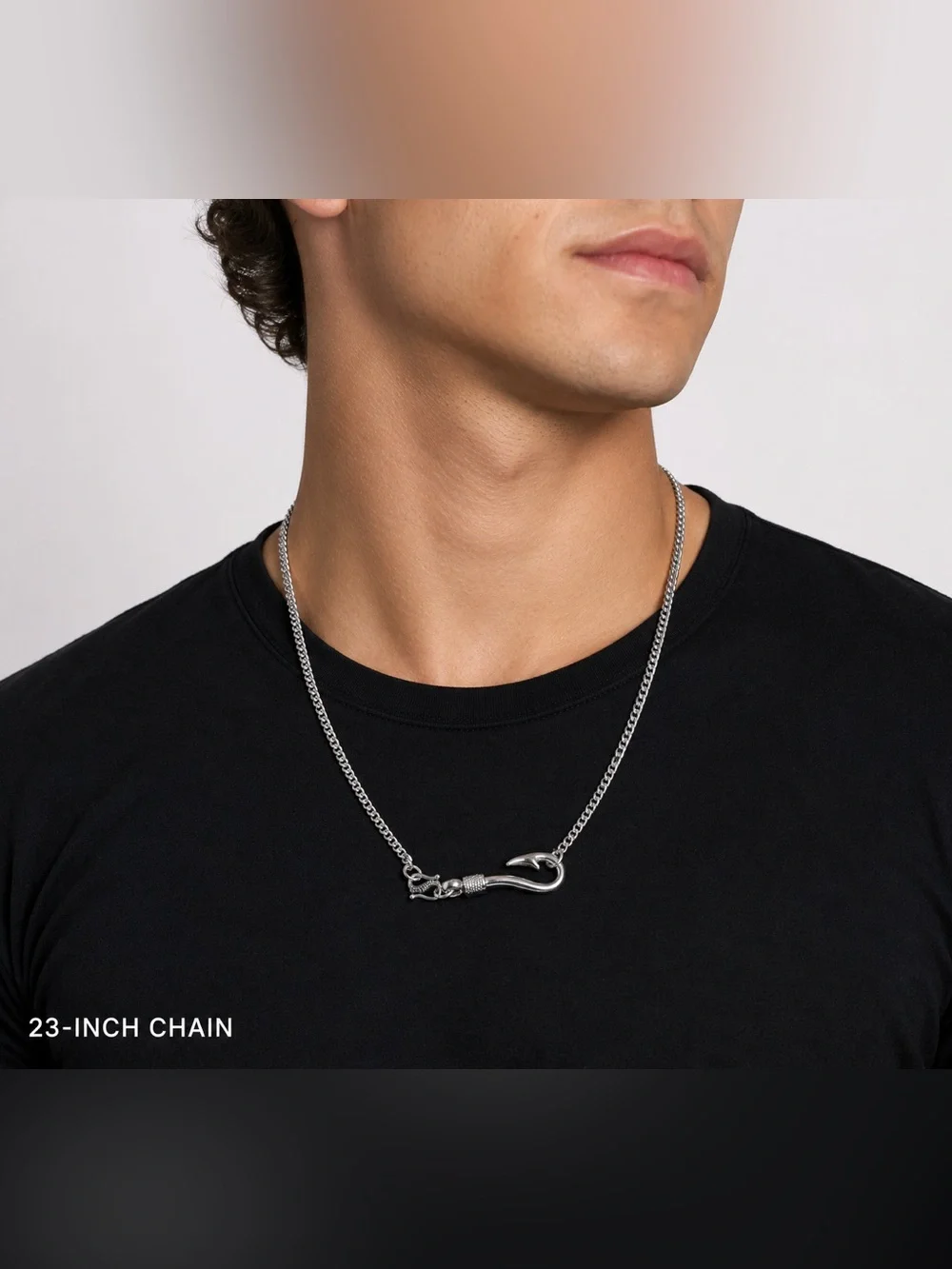 Silver Fish Hook Necklace, Men’s Statement Pendant, 23